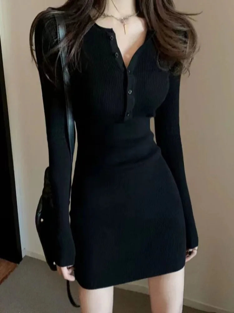 V-Neck Button Bodycon Mini Dress