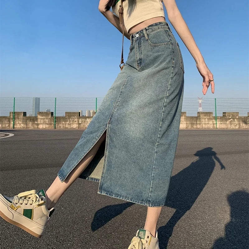 High-Waist Slit Denim Skirt