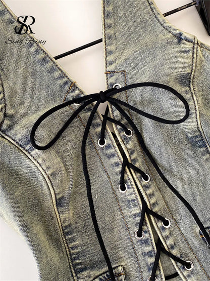 Lace-Up Denim Halter Corset Top