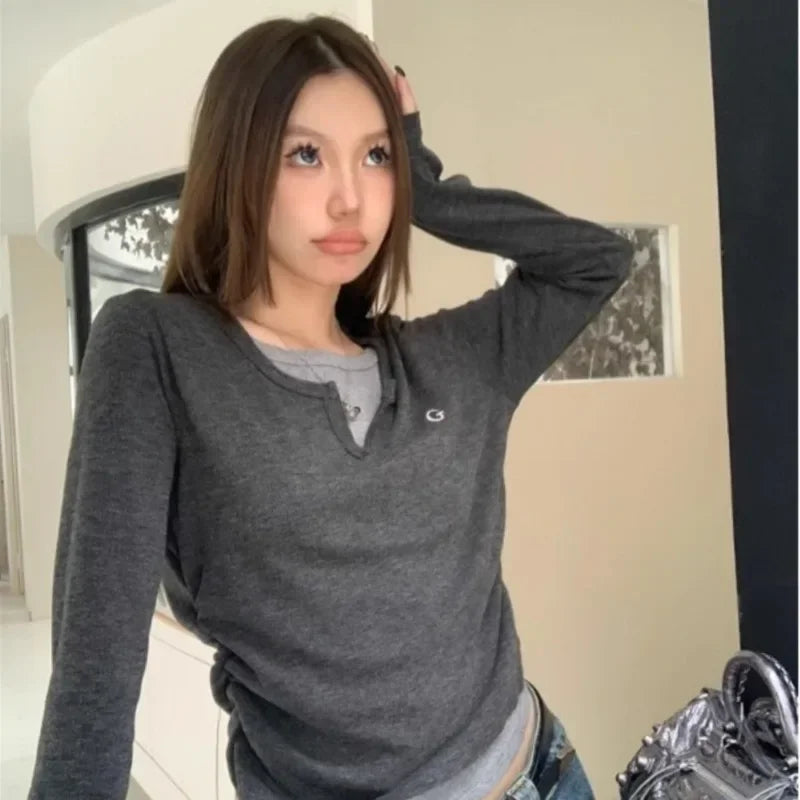 Fake Two-Piece Long Sleeve O-Neck T-Shirt