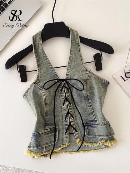 Lace-Up Denim Halter Corset Top