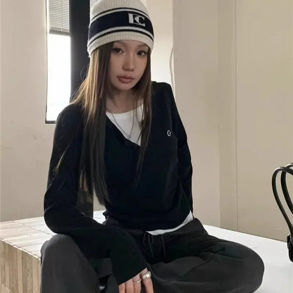 Fake Two-Piece Long Sleeve O-Neck T-Shirt