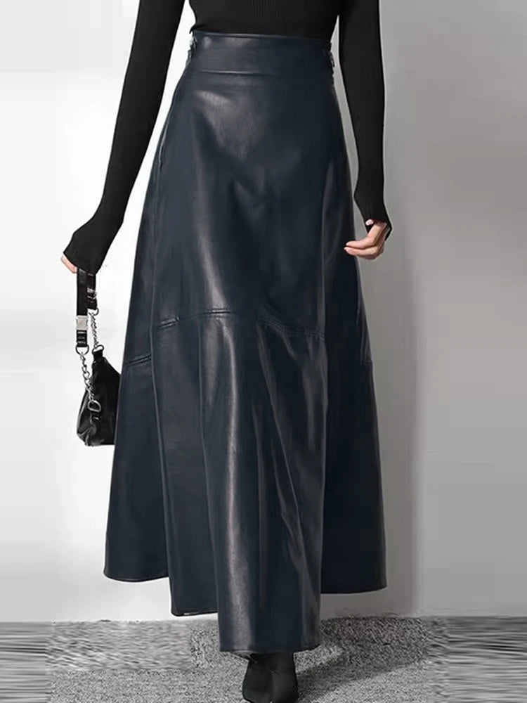Solid PU Leather Maxi Skirt