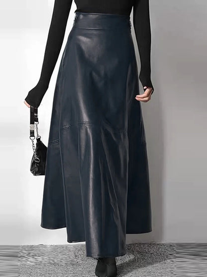 Solid PU Leather Maxi Skirt