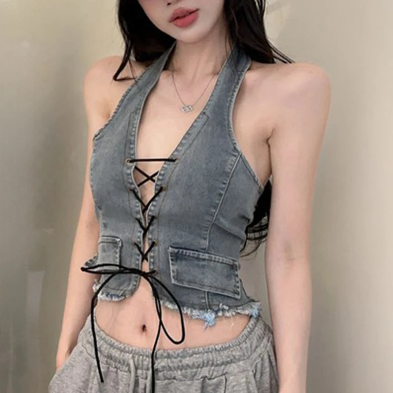 Lace-Up Denim Halter Corset Top
