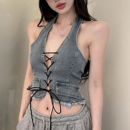 Lace-Up Denim Halter Corset Top