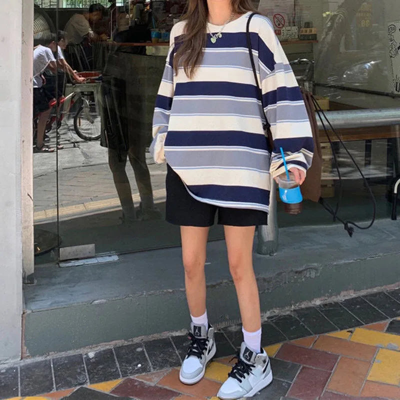 Rainbow Stripe Long Sleeve Loose Tee