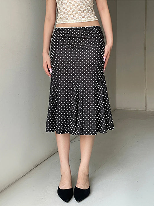 Dot Print Low Waist Midi Skirt