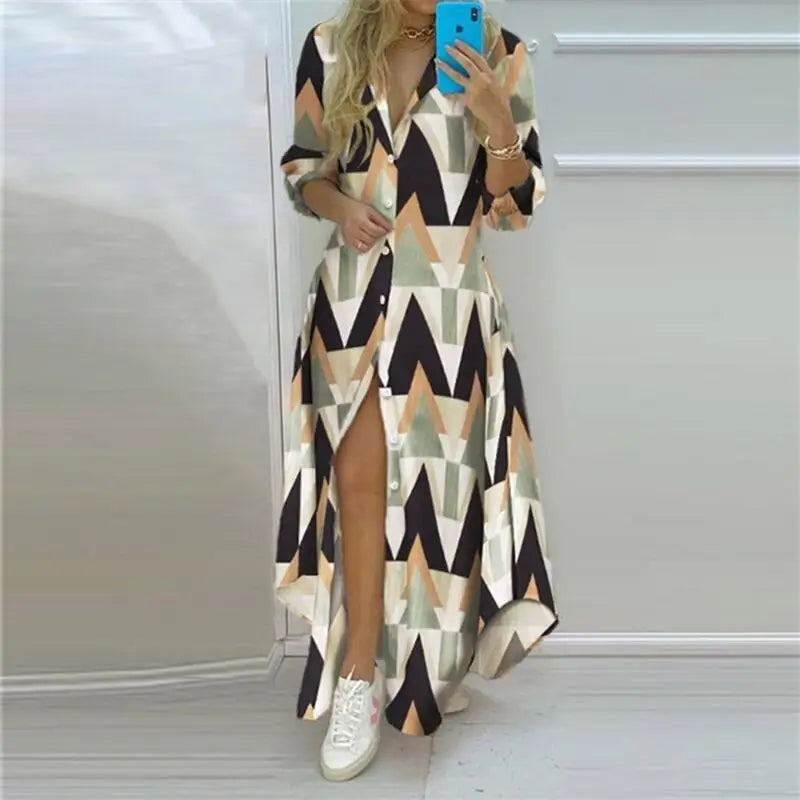 Boho Printed Turn-Down Collar Dress