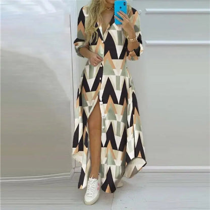 Boho Printed Turn-Down Collar Dress