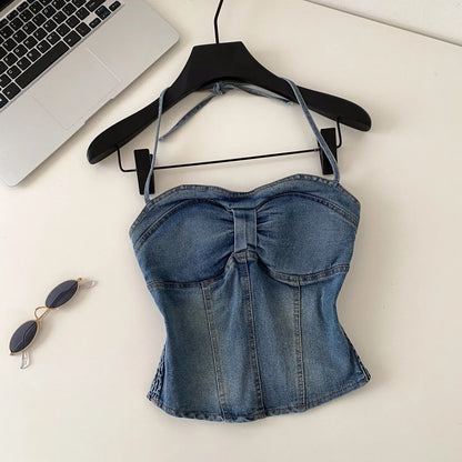 Lace-Up Denim Halter Corset Top