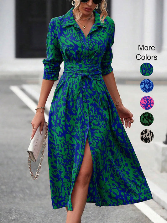 Button Down Belted Midi Dress