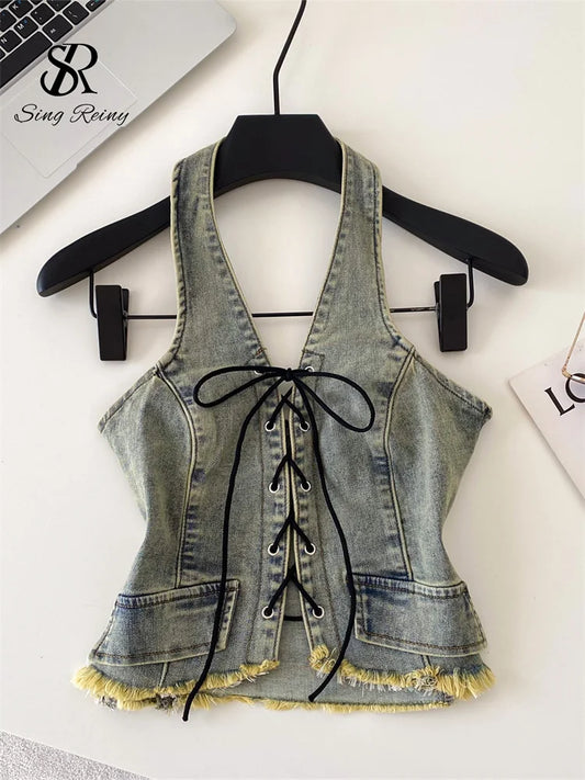 Lace-Up Denim Halter Corset Top