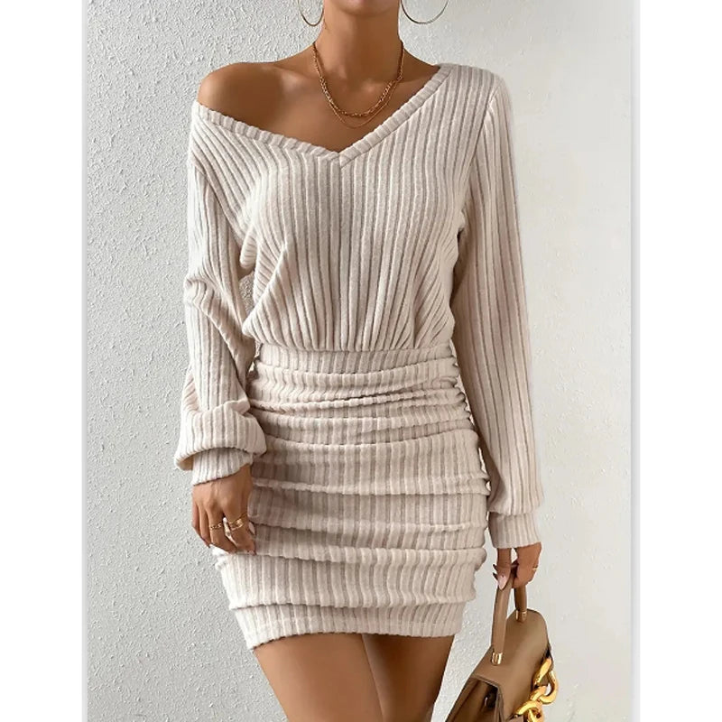 Knitted Sweater V-Neck Mini Dress