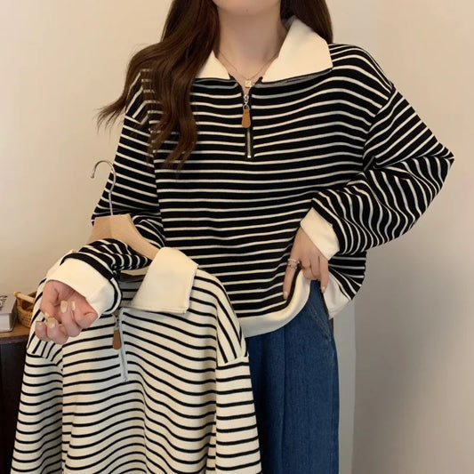 Striped Half Zip Long Sleeve Sweatshirt