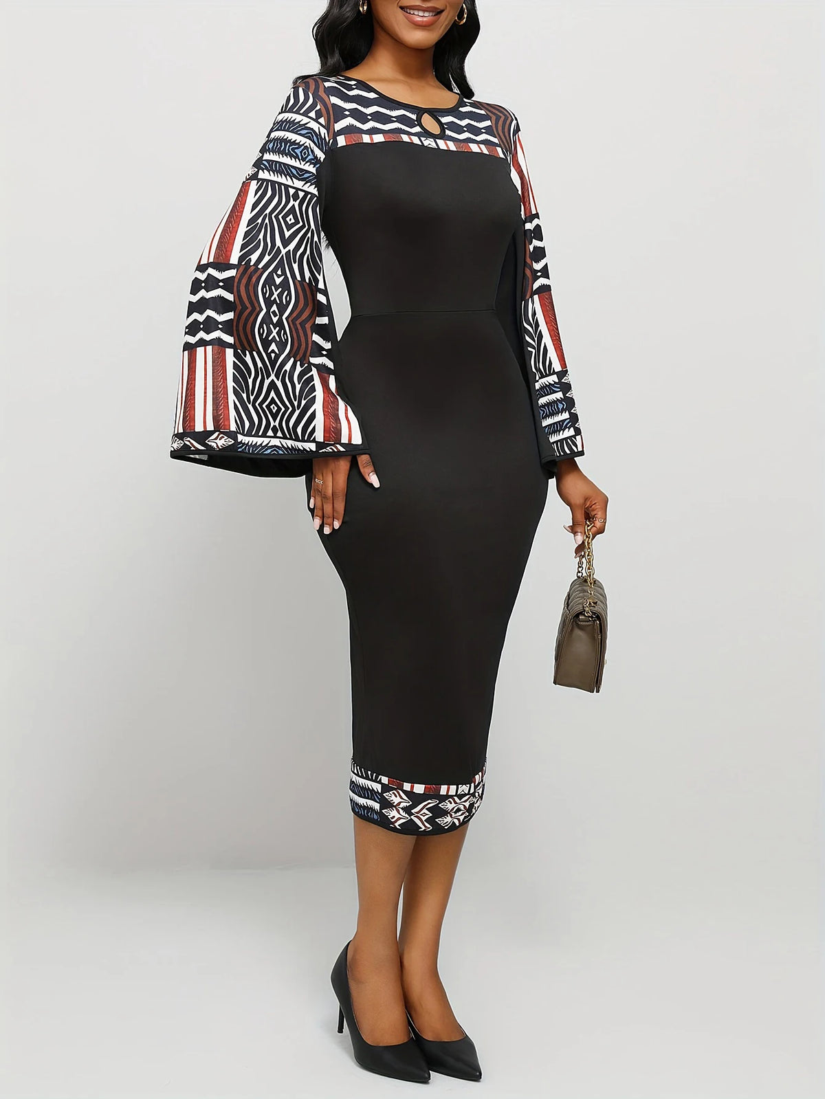 Bohemian Geometric Maxi Dress Bell Sleeves