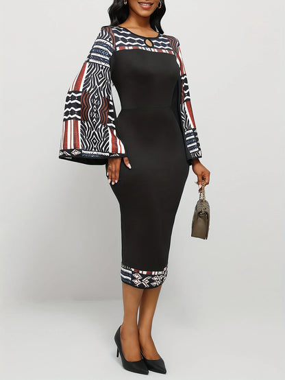 Bohemian Geometric Maxi Dress Bell Sleeves