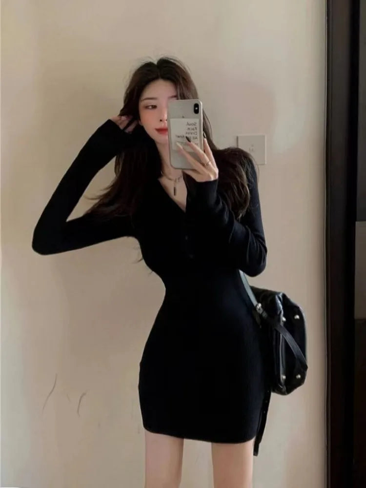 V-Neck Button Bodycon Mini Dress