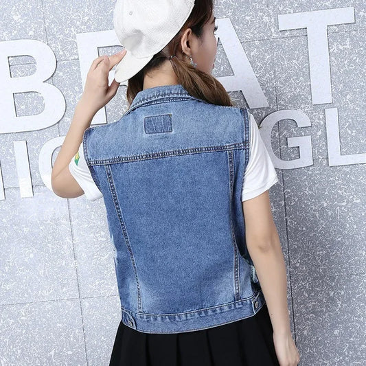 Ripped Denim Waistcoat Plus Size