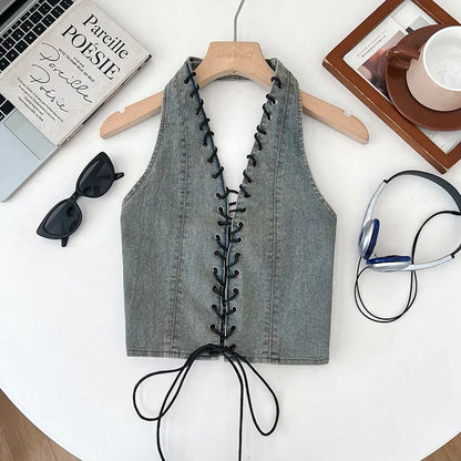 Lace-Up Denim Halter Corset Top