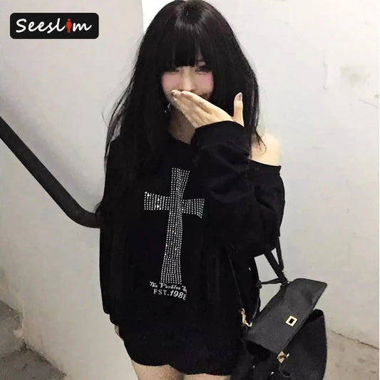 One-Shoulder Graphic Hoodie
